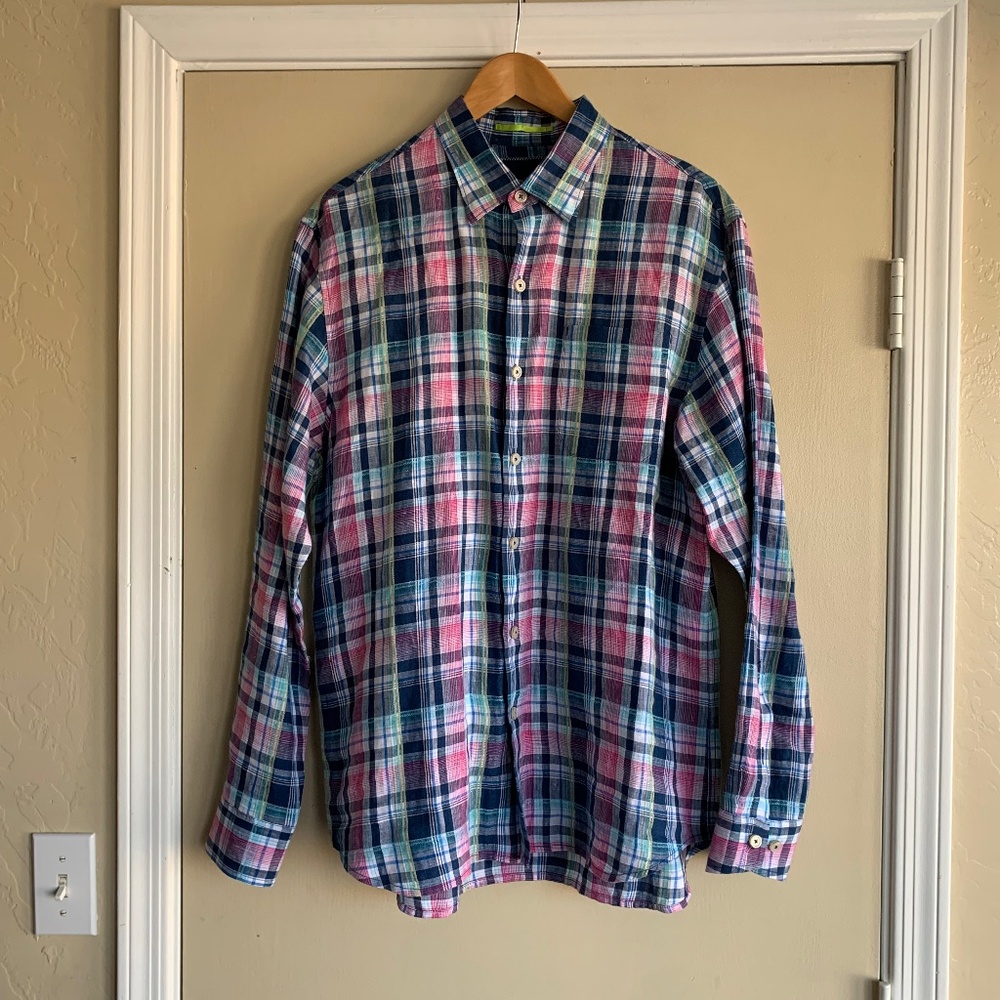Tommy Bahama Plaid 100% Linen Button Down Shirt Sz.M Long Sleeve Coastal Beachy